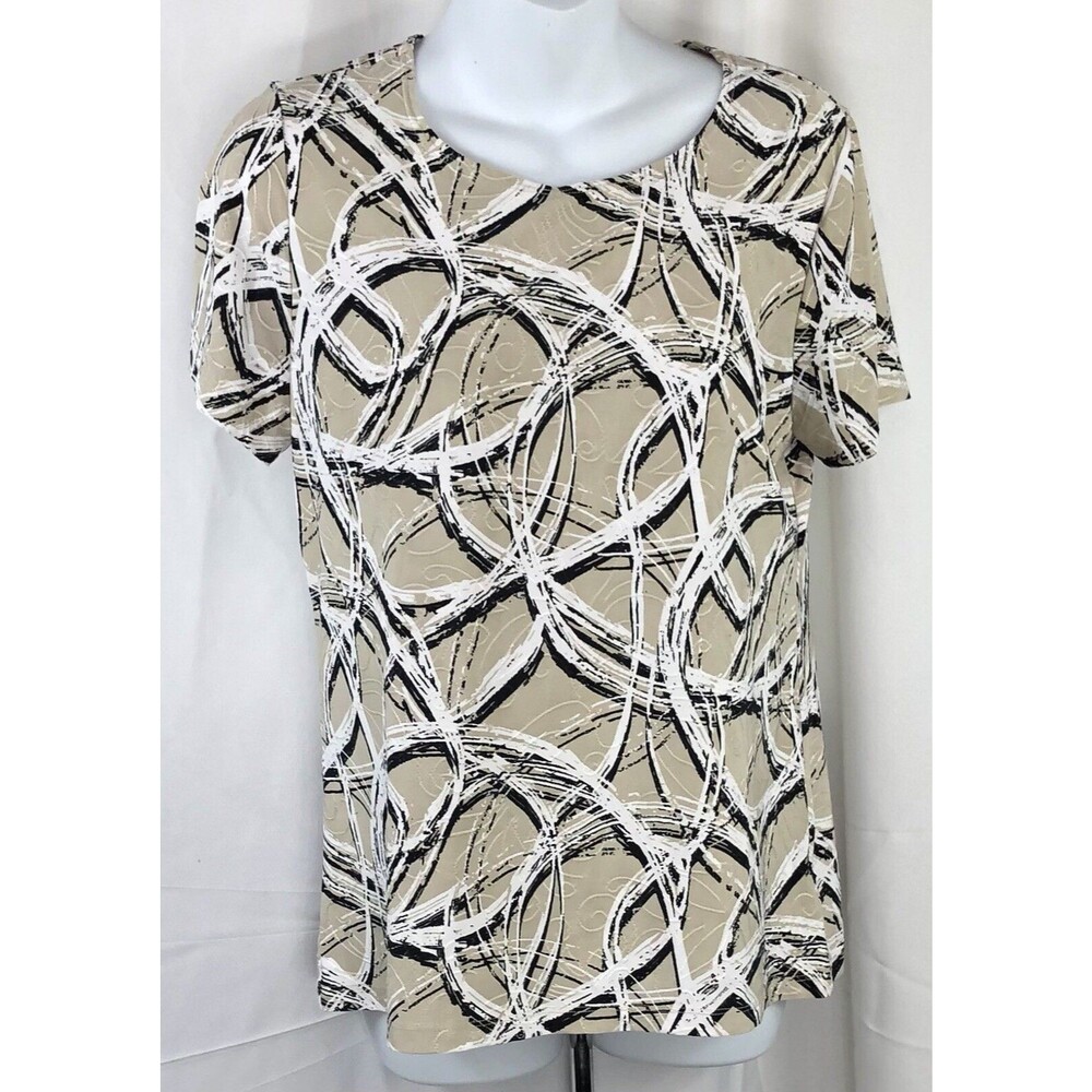 Jm collection silky top Tee S Tan Blk Geo ShortSleeve Boho Hippie Festival